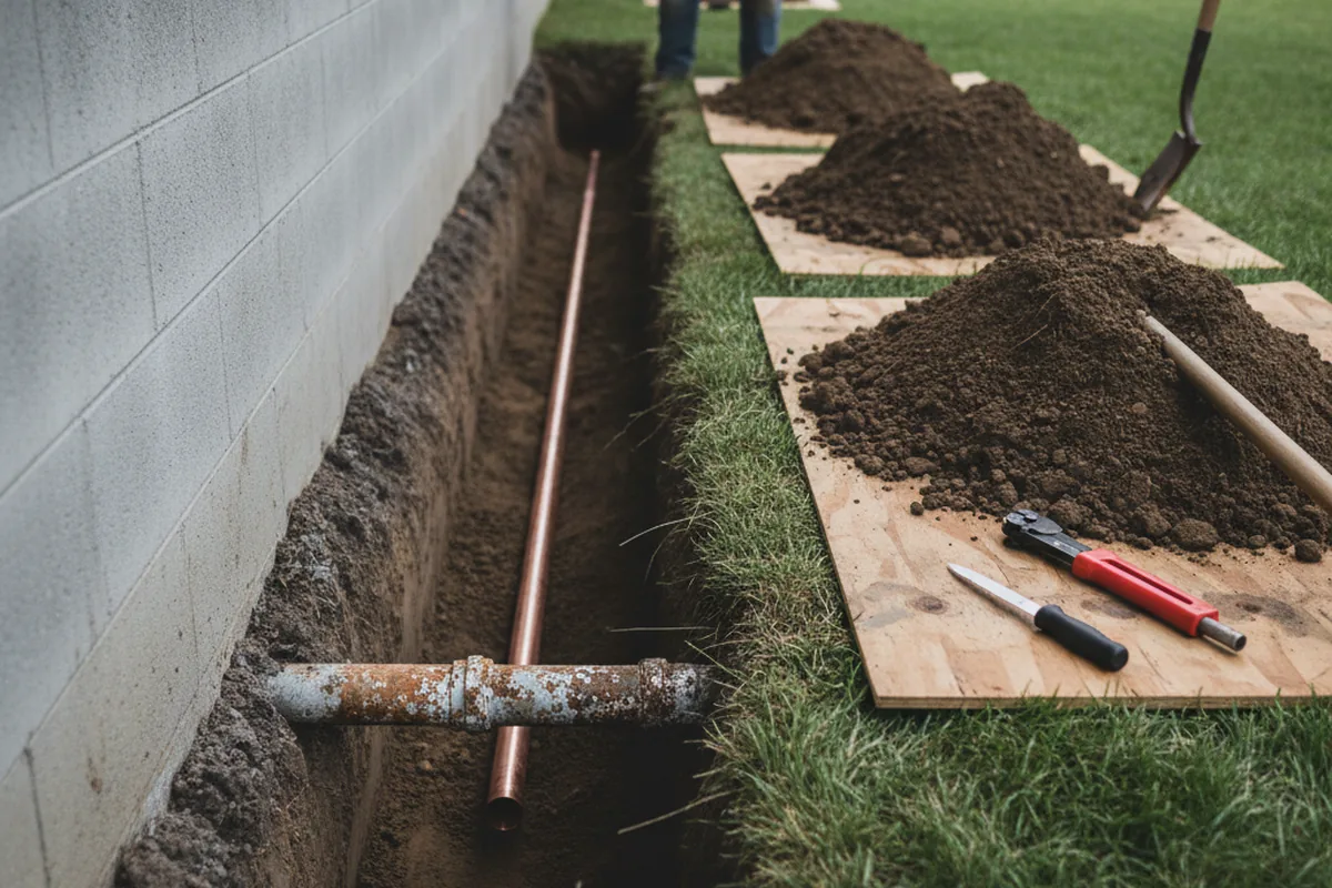 Excavated water line trench during Sewer Line Repair in Newborn